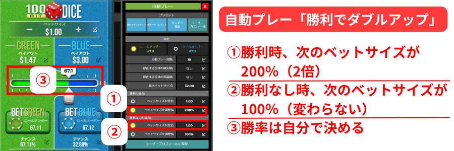 自動プレー勝利でダブルアップ