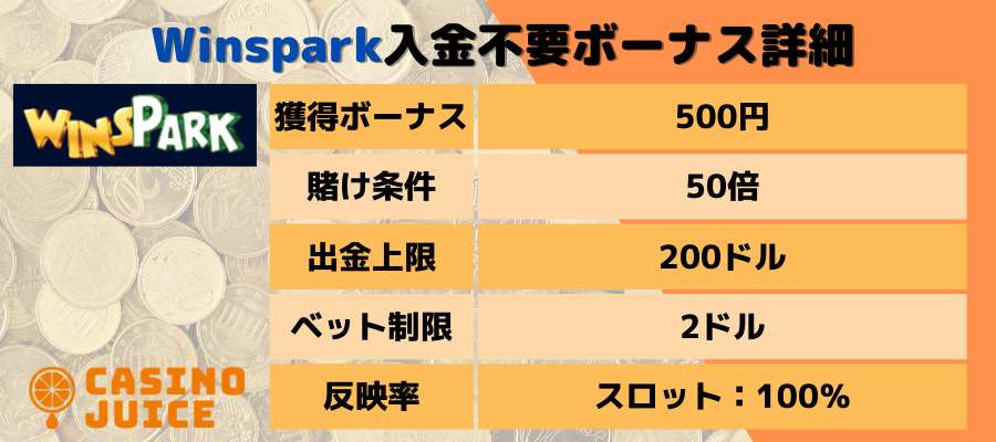 Winsparkの入金不要ボーナス内容